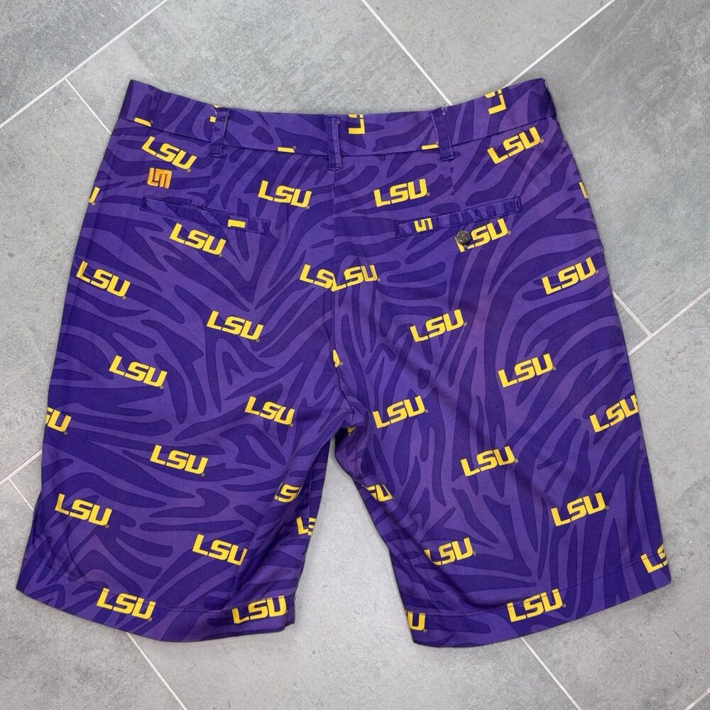 Loudmouth Golf LSU Tiger Stripe Shorts Men 36 Purple Gold Stretch GUC